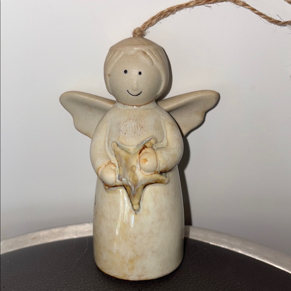 Stoneware Style Ceramic Angel Christmas Star Figurine Bell Glazed Clay,  4.75"